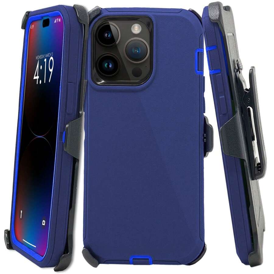 Funda protectora resistente a prueba de golpes compatible con iPhone 17/16/15/14/13/12/11/Plus/Pro/Pro Max con clip para cinturón - Azul - Ver 1