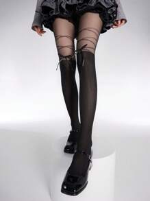 1件蝴蝶装饰洛丽塔超薄性感撞色连裤袜，适合日常穿着 - 适合体重低于132磅的女性