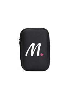 A-Z Letter & Heart Pattern Mini Portable Storage Pouch, Waterproof & Shockproof Digital Organizer Bag, Initial Monogram Phone Charger Cable Holder, Zipper Pouch For Wallet, Data Cable, Electronic Accessories, Suitable For Business, Travel, School, University, Office - Black - View 16