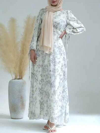 Damen elegantes ganzflächiges Blume Muster-Kleid im arabischen Stil, lang, züchtig