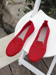 Women's Knitted Flat Mesh Sneakers, Round Toe Casual Slip-On Shoes For Daily Walking, Comfortable Mother Shoes