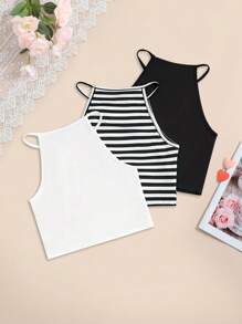 3pcs/Set Girls All-Match Camisole Casual Sleeveless Backless V-Neck Crop Tank Top, Comfortable Spring/Summer Versatile Solid & Striped T-Shirt - Multicolor - View 3