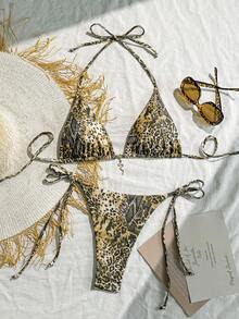 Summer Beach Old Money Euro Western Retro Leopard Print Halter Triangle Top And Side Knot Tie Bikini Swimwear Set