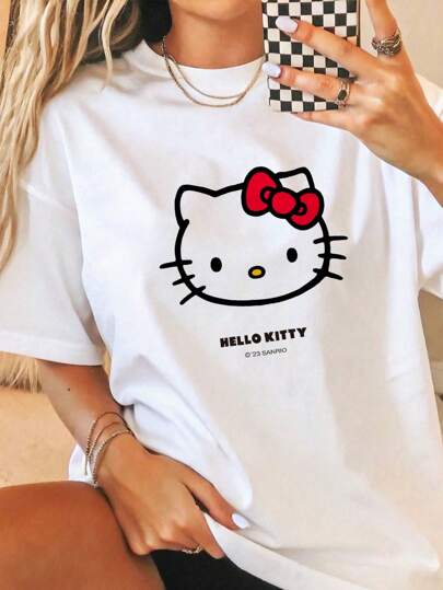 Sanrio 1 pieza Camiseta gráfica de manga corta con cuello redondo y estampado de dibujos animados de Hello Kitty para mujer, camiseta informal de verano para mujer, ropa interior, capas base, Kuromi, My Melody, artículos de Hello Kitty