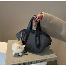 Black Patchwork Quilted Color Block Fashion Retro Pom Pom Decor Women's Handbag, PU Material, Zipper Closure, Dual Top Handles, Adjustable Shoulder Strap, Elegant For Daily Wear, Outing, Commute, Shopping