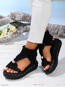 Handmade Woven Thick Sole Open-Toe Casual Comfort Woolen Round Button Slip-On Platform Sandals For Women, Summer
