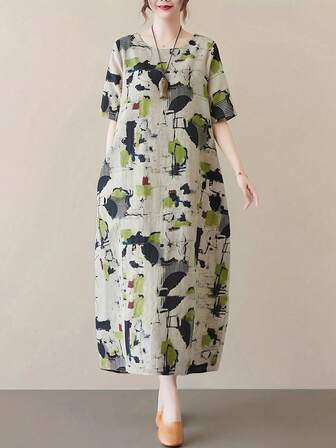 女士时尚圆领短袖中长款系带连衣裙，抽象图案，配有实用口袋和舒适的梭织面料。