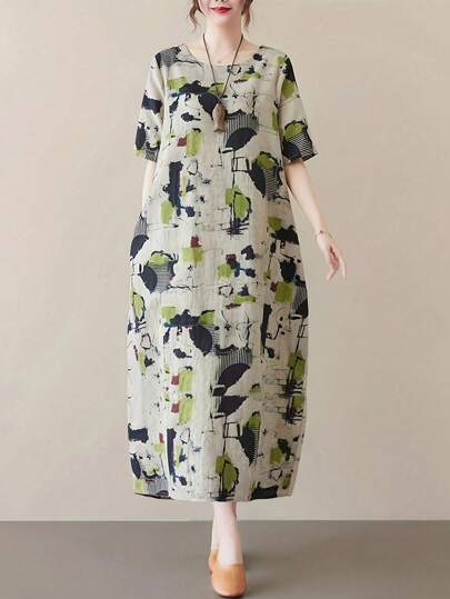 Women's Fashionable Round Neck Short Sleeve Mid-Length Belted Dress, Abstract Pattern, With Practical Pockets And Comfortable Woven Fabric.