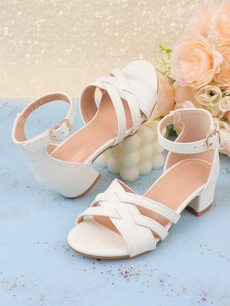 女孩白色时尚可爱公主凉鞋，非常适合女孩礼服、正式场合、婚礼、派对、花童鞋，粗跟露趾透气轻便高跟鞋，适合幼儿、小女孩和大女孩