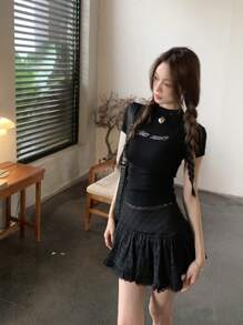 芭蕾舞风格纯色高腰褶皱休闲度假蕾丝女式迷你裙，A字泡泡裙，适合娇小身材，2026夏季款 - 黑色 - 查看 3