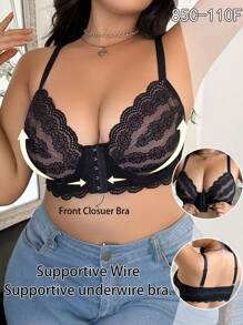 Plus Size Women Fashionable Front Closure Lace Wireless Bra - Multicolor - View 4