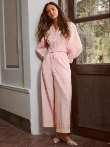 Simplee 2 件套女士夏季新款前扣蕾丝边拼接长袖上衣和系腰长裤套装，适合度假、音乐节、办公室、早午餐 - 粉色 - 查看 1