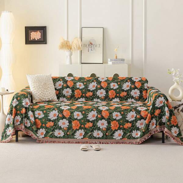 1 pièce Housse de canapé jacquard - Design bohème chic à l'aquarelle florale, protecteur de canapé antidérapant et résistant aux chats, avec franges à franges, décoration de canapé pour toutes les saisons pour le salon, la chambre à coucher et le bureau