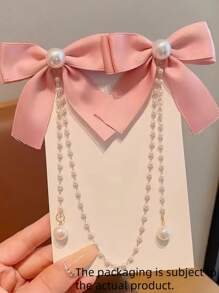 1pc Women Simple Pearl Bow Hair Clip, Suitable For Everyday Wear Claw Clips Hair Slide Hair Barrettes - Pink - View 2