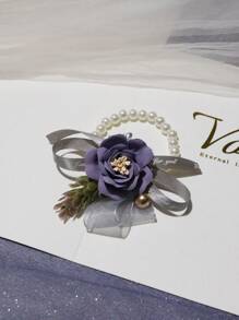 1pc Elegant Purple Violet Korean Style Bridal Wrist Flower, Wedding Dress Accessory, Bridesmaid Gift, High-End Wedding Favor, Exquisite Pearl Chain Party Bracelet Valentine's Day Accessories - Violet Purple - View 5
