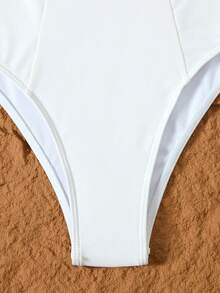 1pc Women Casual Contrast Color High Neck Tie Waist One-Piece Swimsuit - White - View 5