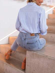 女士条纹长袖单扣休闲衬衫