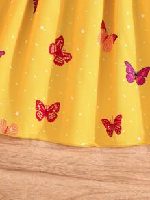 Young Girl Butterfly Print Cap Sleeve Ribbed Flared Hem Cute Dress, Spring/Summer - Yellow - View 6