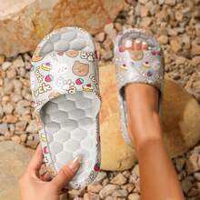 Zomermode sandalen met cartoonprint voor dames, comfortabel, casual design, geschikt voor binnen- en buitengebruik, zachte instappantoffels, lichtgewicht en antislip