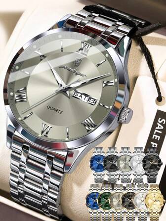 1 件商务时尚男士金色不锈钢石英腕表，带日历星期双显示，30 米防水，夜光指针功能，男士休闲手表，带盒装，男士礼品套装