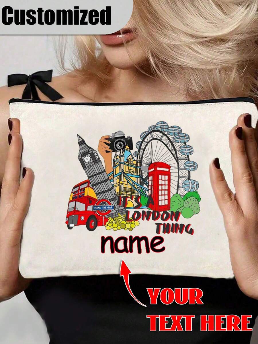 [定制] 涤纶伦敦设计女士化妆包 - 防水、大容量、个性化名字、无香、便携式拉链化妆包、旅行必备品、旅行爱好者的礼物 - 专属礼物