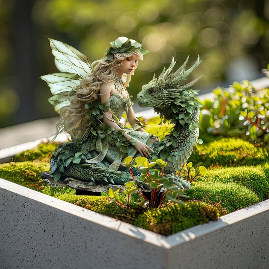 迷人的绿色仙女和龙亚克力花园桩 - 1 件波西米亚风格独立式户外装饰，童话亚克力艺术品，适用于庭院、露台、花盆配件，无需电池