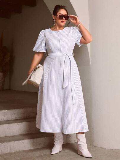 Simplee 大码女装夏季新款时尚通勤条纹拉链领短袖前系带长连衣裙，适合外出、工作和度假穿着