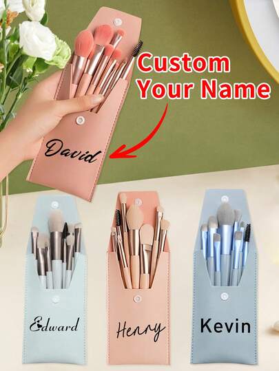 1pc Bridesmaid Makeup Brush Set With Custom Name Combo Bag, Perfect For Wedding Favors, Bridal Shower Favors, Or Mother's Day Surprise, Personalized Makeup Bag, Customizable Travel Accessories, 15.5x8.5cm, Pink/Blue/Cyan/Apricot, Best Gift For Her