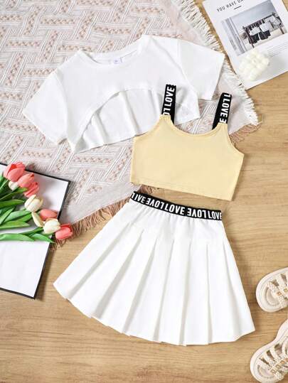 3pcs/Set Girls' Outdoor Casual Outfit - Versatile Short Sleeve Top, Printed Elastic Strap Top, Pleated Skirt