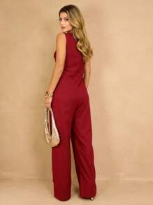 Elegant Linen Pantaloon Jumpsuit Wide Legs And Discreet Pockets - Burdeos - Ver 2