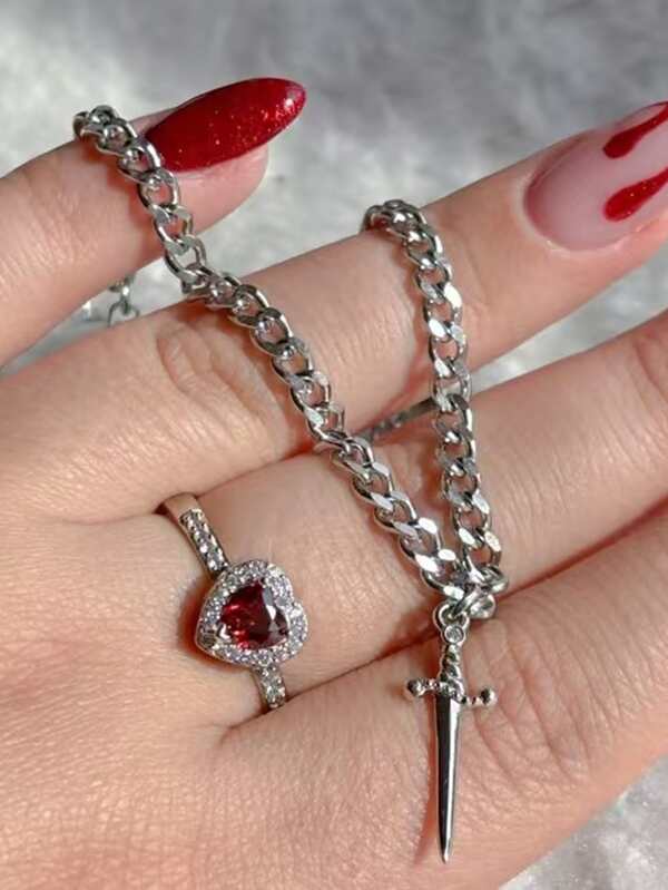 Set de 2 piezas que incluye: Anillo en forma de corazón y espada para pareja, brazalete con cadena de clavícula con espada, set de joyas de accesorios de moda para mujer, regalo de pareja