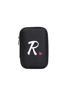 A-Z Letter & Heart Pattern Mini Portable Storage Pouch, Waterproof & Shockproof Digital Organizer Bag, Initial Monogram Phone Charger Cable Holder, Zipper Pouch For Wallet, Data Cable, Electronic Accessories, Suitable For Business, Travel, School, University, Office - Black - View 29
