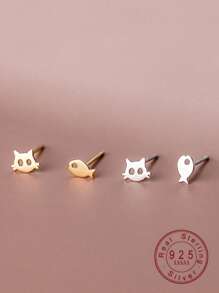 1 Pair S925 Sterling Silver Asymmetric Cat And Fish Design Stud Earrings For Women