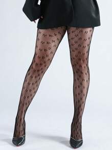 1pc Women Curve Tights With Floral Pattern, Sexy Pantyhose, Lightweight Mesh Fishnet Stockings, All-Match Black Hosiery, Versatile For Spring & Summer