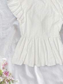 女士系带针织提花镂空 V 领短袖 T 恤