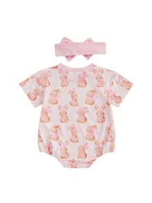 Baby Girls Easter Rabbit  Eggs Print Romper - Soft Cotton Outfit With Headband For Spring - Pink - View 3