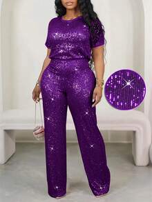 春夏女士派对套装，纯色圆领短袖上衣和裤子，带口袋的华丽时尚亮片裤子