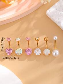 6 件套不锈钢双心形嵌入式肚脐锆石纽扣戒指，可爱人造珍珠穿孔首饰，适合女士