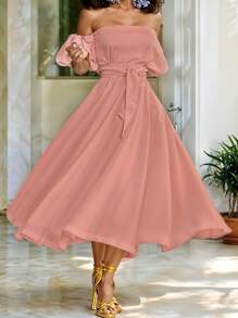 Women's Off Shoulder Long Dress Adjustable Belt Puff Sleeve - Nude Carne - 查看 2