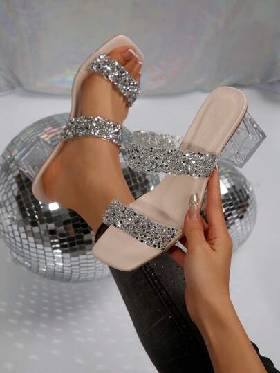 全新大码女式舒适简约平行双方头水钻优雅休闲时尚户外粗跟高跟凉鞋，夏季