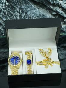 1 Set Men's Personalized Alloy Rhinestone Embellished Rifle Pendant Necklace, Gemstone Bracelet, Watch, European & American Stylish Hip-Hop Accessory, High-End Gift Box - Gun Set - View 34