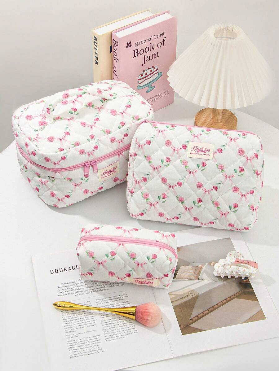 1 件/套绗缝拉链袋化妆包，时尚休闲时尚便携式化妆包，多功能，大容量大储物袋，可装钱包、口红、卫生巾、袋垫、硬币、钥匙、耳机、Air Pods、有线耳机、电缆、充电器、耳机、可爱洗漱用品收纳袋、旅行储物袋，适合女士、糖果、护士、女学生、节日礼物。