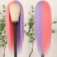 Gorgeous Pink Blonde Hair Synthetic Lace Front Wigs 26 Inch Pre Plucked Long Straight Hair Wigs Glueless Halloween Wigs Heat Resistant Natural Half Pink Half Blonde Straight Lace Front Wigs For Women For Daily Christmas Party Cosplay Use - Hồng Tím - Xem 6
