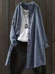 女式条纹长袖宽松休闲衬衫，正面按扣，春/秋 - 藍色 - 查看 3