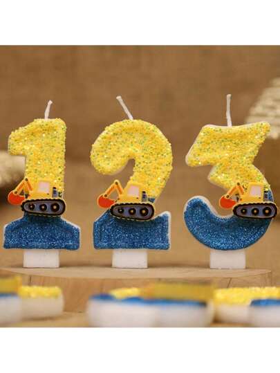 1pc Excavator Shaped Candle, Yellow & Blue Number Candle With Excavator Pattern, 0-9 Years Old Birthday Number Candle, Suitable For Birthday Party Cake Decoration, Construction Vehicle Theme Cake Decoration, Pure Handmade DIY, Excavator Position May Vary Slightly (Not A Toy, For Decoration Only)