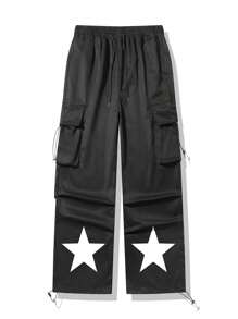 Men's Casual Multi-Pocket Drawstring Adjustable Hem Loose Leg Cargo Pants - Black - View 3