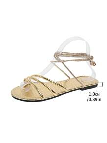 Sandalias planas de verano para mujer con talla grande, de estilo romano con cordones y aplicaciones de strass