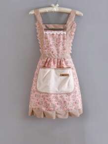 1pc Floral Pattern Bib Apron, Oil & Stain Resistant Princess Style With Pocket, Lace Trim Breathable Cooking Apron, Vintage Flower Kitchen Apron For Women, Suitable For Kitchen, Living Room, Bathroom Cleaning