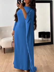 Unadoll Women's Solid Color Loose Waist Batwing Sleeve Beach Vacation Graduation Colorful Kaftan Dress - Royal Blue - View 7