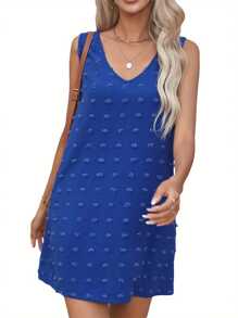 Womens Casual Sun Summer Dresses Swiss Polka Dot Beach Cover Up V Neck Tank Dress With Pockets - 藍色 - 查看 3